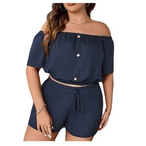 NEW Off-Shoulder Two-Piece Set Navy Blue Sz 3X Lightweight Casual Nautical Airy